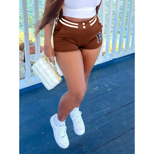 Letter Print Brown Elastic Waist Shorts with Pocket