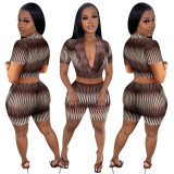 Print Hollow Out Cowl Neck Crop Top and Shorts Two Pieces