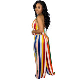 Colorful Stripes Cami Halter Drawstring Jumpsuit