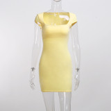 Solid Color Square Neck Short Sleeve Mini Bodycon Dress