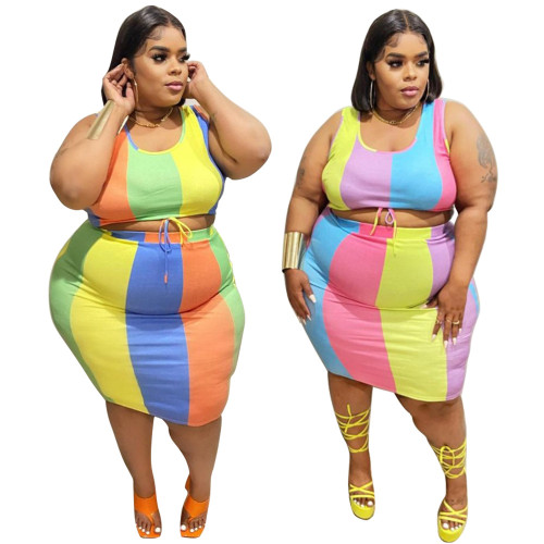 Plus Size Sleeveless Multicolor Print Crop Top and Skirt 2PCS Set