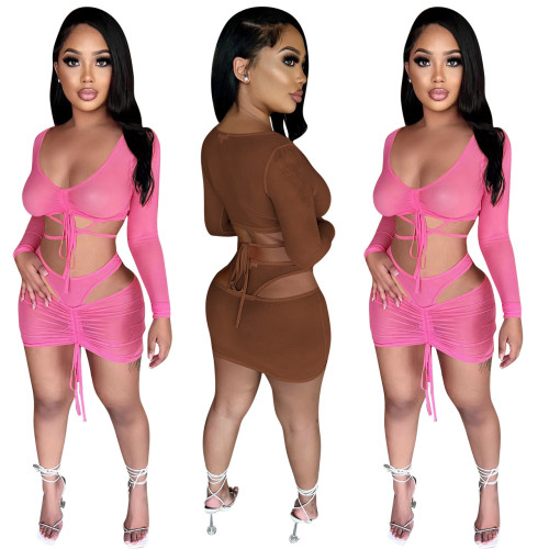 See Through Mesh Lace-Up Cut Out Two Pieces Skirt Set
