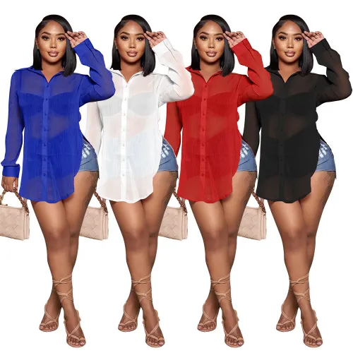 Chiffon Button Open Long Sleeves Slit Long Blouse