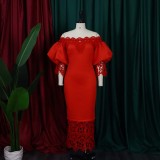 Solid Off Shoulder Lace Panel Balloon Sleeve Long Party Dress