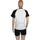 Patchwork Short Sleeves O-Neck Shirt and Drawstring Shorts 2PCS Set