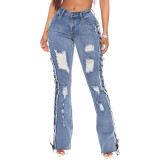 Lace Up Slim Ripped Jeans with Pocket