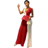 Contrast Color V-Neck Ruffled Pleated Jumpsuit