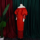 Solid Off Shoulder Lace Panel Balloon Sleeve Long Party Dress