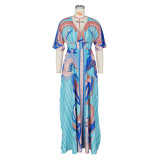 Print V-Neck Butterfly Sleeve Slit Long Dress