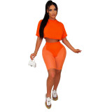 Short Sleeves O-Neck Crop Top and Mesh Shorts 2PCS Set