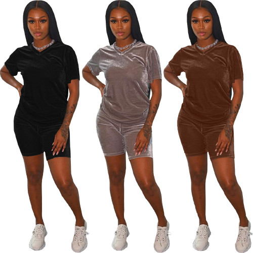 Velvet Short Sleeves V-Neck Top and Shorts 2PCS Set