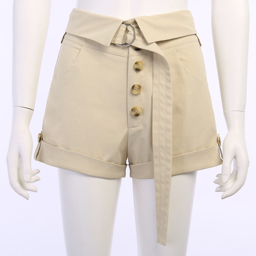 Khaki Vintage High Waist Belted Button Casual Shorts