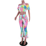 Ruffle Tie Dye Crop Top and Flared Pants 2PCS Outfits