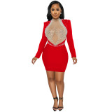 Pearl Rhinestone Mesh See Through Long Sleeve Mini Dress