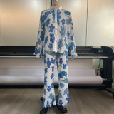 Floral Print Long Sleeve Button Blouse and Pants 2PCS Set