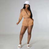 Solid Ruched Sleeves Open Back Zipper Cropped Hoodie with Drawstring Shorts 2PCS Set