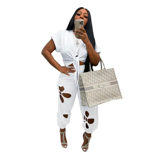 Solid Tie Front Short Top and Hollow Out Pants Matching 2PCS Set