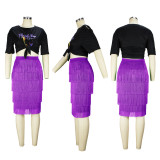 Print Short Sleeved Top and Fringed Skirt 2PCS Set