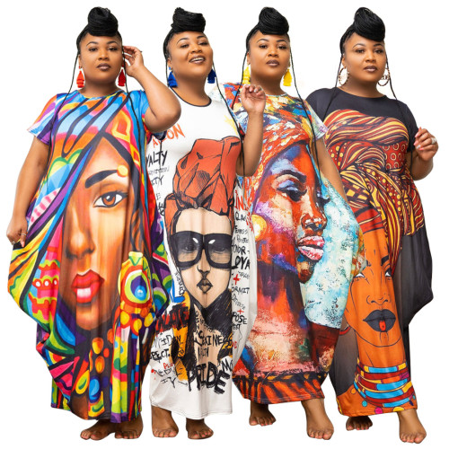 Plus Size Print Pocket Short Sleeves O-Neck Loose Dress