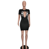 O-Neck Chain Cutout Print Black Bodycon Dress