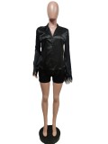 Silk Button Up Long Sleeves Tassel  Blouse and Shorts 2PCS Set