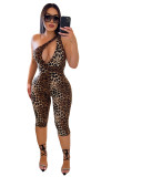 One Shoulder Leopard Print Slim Fit Jumpsuit
