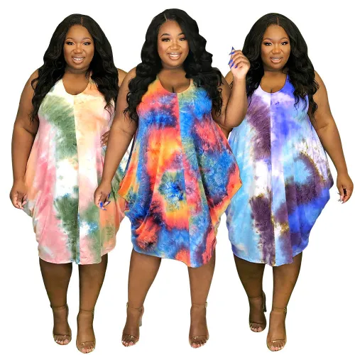 Tie Dye Print Sleeveless Loose Midi Tank Dress