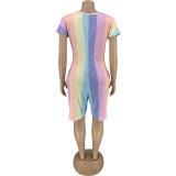 Multicolor Striped Print Short Sleeves V-Neck Jumpsuit