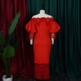 Solid Off Shoulder Lace Panel Balloon Sleeve Long Party Dress