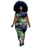 Plus Size Floral Print Short Sleeves O-Neck Maxi Dress