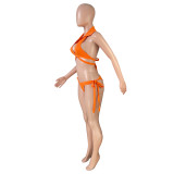 Solid 3PCS Swimwear Turndown Collar Halter Bikini Set with Pleated Skirt Cover Up