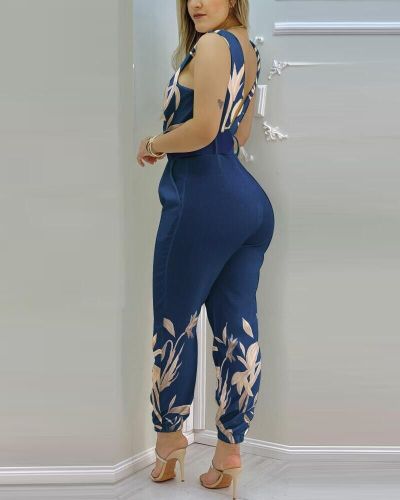Sleeveless V-Neck Print Blue Jumpsuit