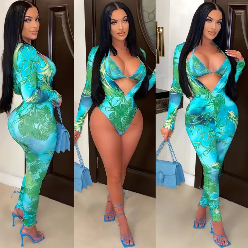 Leaf Print Cut Out Bodycon Bobysuit and Pants 2PCS Set