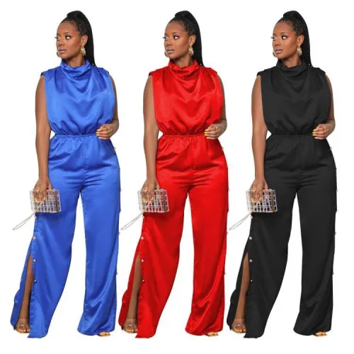 Silk Sleeveless Pile Neck Snap Button Slit Jumpsuit