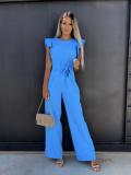 Solid Color Fly Sleeves O-Neck Wide Leg Jumpsuit with Belt