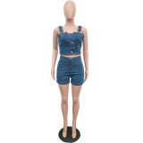 Denim Button Sleeveless Crop Top and Jeans Shorts 2PCS Set