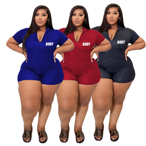 Plus Size Letter Print Short Sleeve Zip Bodycon Rompers