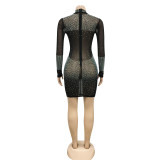 Beaded Rhinestone Mesh See Through Mini Dress