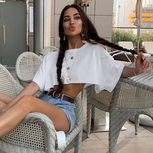 Solid O-Neck Short Sleeve Oversized Crop Top