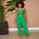 Plain Color Cropped Tank and Pants Leisure Two Piece Set