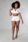 Solid Short Sleeve Ruched Crop Top and Shorts  2PCS Set