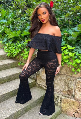 Off Shoulder Ruffle Lace Crop Top and Flared Pants 2PCS Set