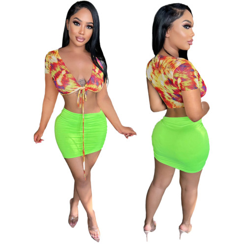 Print Tie Front Crop Top and Green Drawsring Skirt Two Pieces