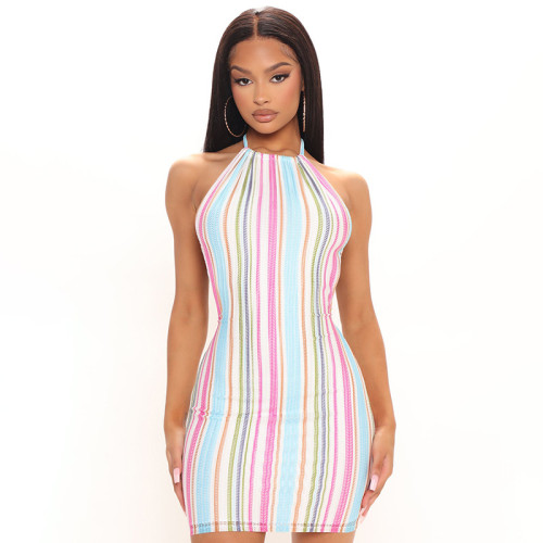 Stripe Cami Halter Backless Mini Dress