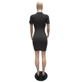 Short Sleeve Turtleneck Tight Mini Drawstring Dress