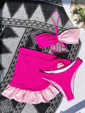 Contrast Color Cami Halter Bikini and Ruffle Cover-Up 3PCS Set