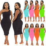 Solid Color One Shoulder Ruched Bodycon Midi Dress