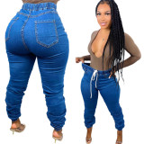 High Waist Drawstring Jeans with Pocket