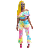 Ruffle Tie Dye Crop Top and Flared Pants 2PCS Outfits