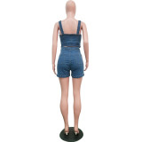 Denim Button Sleeveless Crop Top and Jeans Shorts 2PCS Set